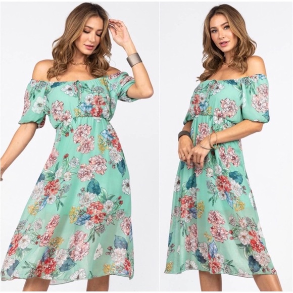 1 LEFT! Sage Mint Floral Off Shoulder Cute Spring Summer Midi Dress - Picture 2 of 3